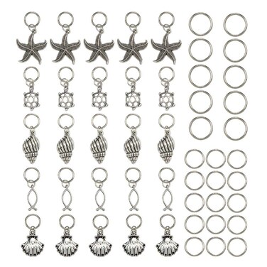 HEEPDD Hair Braid Rings, 50Pcs Alloy Silver Hair Loops Ring Shells Starfish Pendants Accessories for Hair Clip Headband Accessories