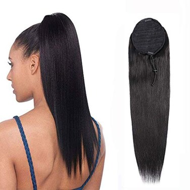 Ponytail Human Hair Extension Straight Hair Drawstring Ponytail Extensions Natural Black Color for Women Clip in Ponytail Hair Extensions (12 Inches)