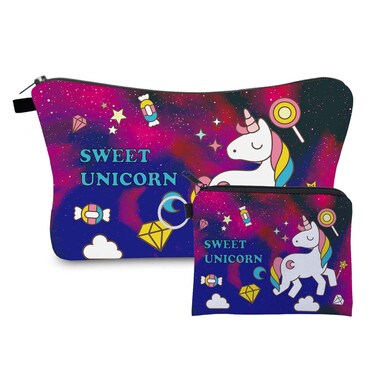 SWEET UNICORN Small Makeup Bag and Coin Purse 2PCS Set, Travel Essentials Flowers Pattern Cosmetic Bag Unicorns Gifts for Girls