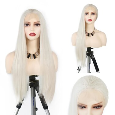 Long Daily White Blonde Synthetic Lace Front Wig #60 Straight Free Part Heat Resistant Fiber Hair Glueless Lace Wigs For Women 24inch
