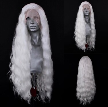 White Wavy Synthetic Lace Front Wigs Free Part Loose Wave Heat Resistant Natural Hairline Fiber Hair Glueless Lace Wigs for Women Cosplay Daily Wigs