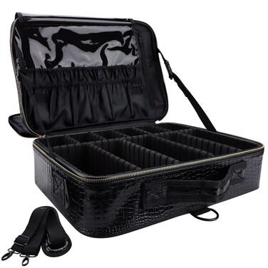 Travel Makeup Case, PU Leather Professional Large Makeup Bag Organizer with Shoulder Strap（L-Black Crocodile）