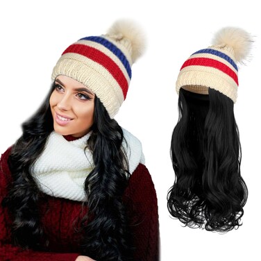AynnQueen Beanie with Hair Attached for Women Slouchy Cable Hat Wig Knit Beanie Winter Stripe Hat with 20inch Removable Hair Extensions Wig (Ash Blonde - Stripe Hat)