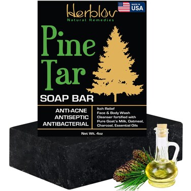 All Natural Pine Tar Soap Bar 4oz &ndash;Cleansing Anti Acne Eczema Psoriasis Itch Relief Pine Tar Face &amp; Body Wash Cleanser &ndash; Pure Goat&rsquo;s Milk Soap with Oatmeal, Charcoal, Essential Oils Made in USA