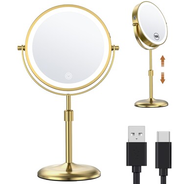 Anfauny 7" Lighted Makeup Mirror with Height Adjustable, Double Sided 1X/10X Magnification and 3 Color Lights, Vanity Rechargeable with 360&deg; Rotation for Tabletop -Gold