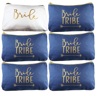 Heather &amp; Willow 6 Piece Set   Navy Blue Bride Tribe Canvas Cosmetic Makeup Clutch Gifts Bag for Bridesmaid Proposal Box &amp; Bridesmaids Bachelorette Party Favors