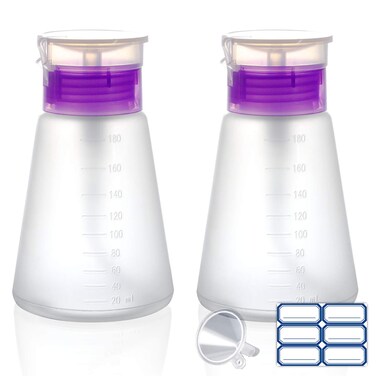 2Pack-Acetone Bottle Push Down Pump Dispenser-Lockable Alcohol Pump Dispenser Bottle -Nail Polish Remover Pump Bottle 100/180 ML-Liquid Dispenser Pump Bottle (2 * 180ml Purple)