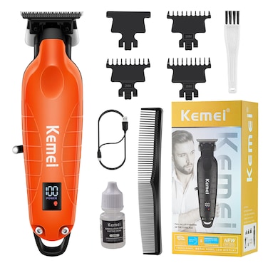 KEMEI 2293 Professional Hair/Beard Trimmer for Men Zero Gapped Hair Clippers for Barber with T Blade, Cordless Rechargeable, Orange