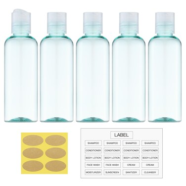 3.4 oz Travel Bottles for Toiletries, Empty Travel Size Containers Tsa Approved, 5PCS Small Plastic Shampoo Bottles with Labels (100ml)