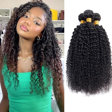 Kinky Curly Human Hair Bundles Thick Curly Weave Bundles Virgin Hair Bundles Full Head Hair Natural Black Color Hair Bundles Can Be Dyed 3 Bundles Total 300g 16 18 20 Inch