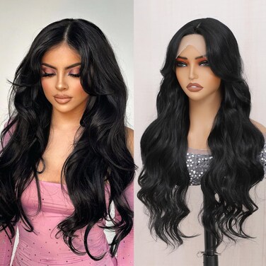 Black Lace Front Wig Synthetic Lace Front Wig Body Wave Heat Resistant Hair 13x4x1 T-part Lace 26 Inch Pre-plucked Glueless Lace Wigs for Women (Black, 26Inch)