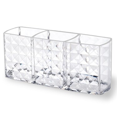 Makeup Brush Holder for Vanity,Acrylic Clear Small Compact Nail Hair Lip Liner Brush Pen Organizer with 3 Slots