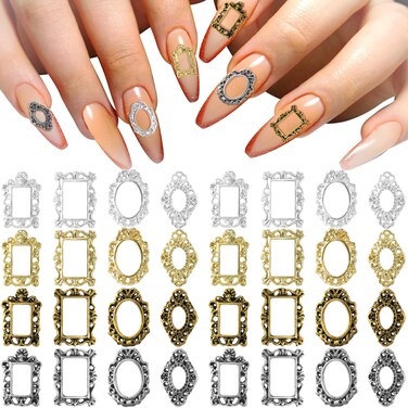 CHANZET 3D Metal Nail Charms 80pcs, Frame Gothic Nail Art Charms, Retro Gold Silver Nail Jewels Art Decoration for Women Girls Acrylic Nail DIY Craft Design Manicure Accessories