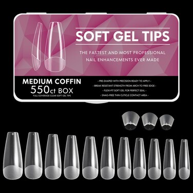550Pcs Coffin Gel Nail Tips, Medium Coffin Soft Nail Tips, 11 Sizes Full Cover Acrylic False Nail Tips, for Beginner and Professional Home Salon Diy