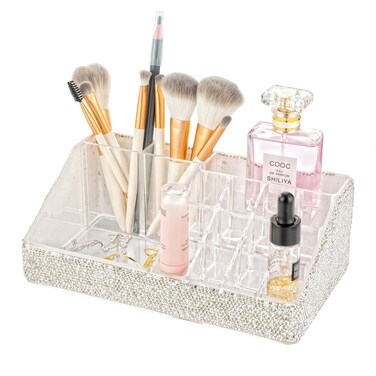 Bling Dazzling Stylish Rhinestones Cosmetic Makeup Organizer for Desk, Vanity Lipstick, Brushes, Bottles, Office Pens Holders Shining Cosmetic Display Cases White