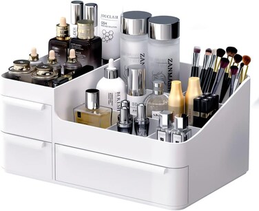 CHANCETSUI Makeup Organizer With Drawers, Makeup Desk Organizer, Bathroom Countertop Organizer for Cosmetics, Vanity Holder for Lipstick, Makeup Brush Holder/Organizer (White)
