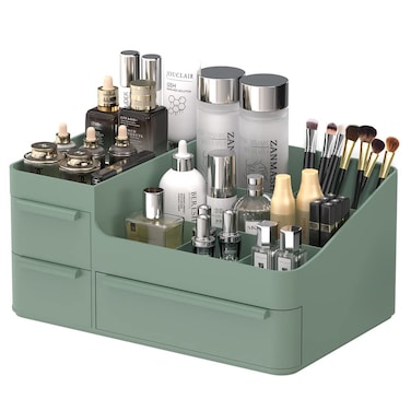 CHANCETSUI Makeup Organizer With Drawers, Countertop Organizer for Cosmetics, Vanity Holder for Lipstick, Brushes, Lotions, Eyeshadow, Nail Polish and Jewelry (Green)
