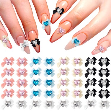 Joez Wonderful Bow Nail Charms with Heart Rhinestones 40pcs, 3D Bow Charms for Nails Art, Resin Cute Kawaii Butterfly Nail Charms for Acrylic Nails, Women Girls Ribbon Bowknot Nail Gems
