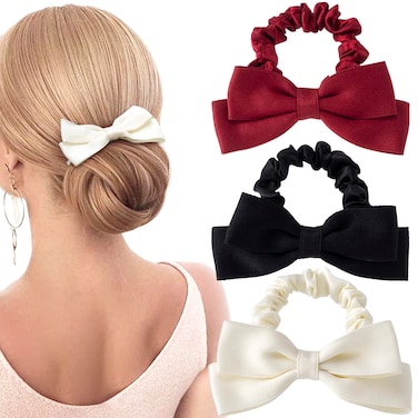 3pcs Silk Bow Scrunchies Black Red White Bowknot Hair Ties Ropes Elastic Bands Ponytail Holder Wedding Bachelorette Party Halloween Christmas Accessories for Thick Long Hair Women Teen