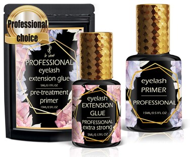 Extra Strong Eyelash Extension Glue 5 ml and Primer 15 ml Set - 1 Sec Dry - Up to 8 Weeks - Latex Free &amp; Waterproof - Black Professional Lash Adhesive - Individual Lash Glue - by le vent