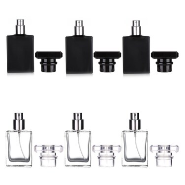 6 Pack 30ml / 1 Oz Clear Black Refillable Perfume Bottle, Portable Square Empty Glass Perfume Atomizer Bottle Spray Applicator with 4 kinds of perfume dispenser(3 Pack clear 3 Pack Black Assorted