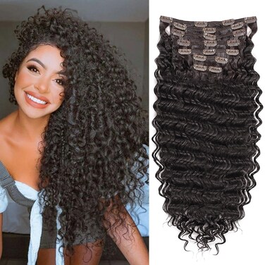 MEEPO Wine red Curly Clip In Hair Extension For Black Women Natural Thick Deep Wave Hair Extension Clips Synthetic Long 24 inch hair extensions clip in Hairpiece(Deep Wave,T1B/33(Pack of 7)