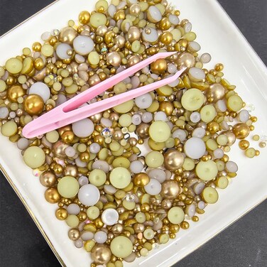 100g Mix Pearls and Rhinestones, BetterJonny 3-10mm Flatback Pearls and Rhinestones Champagne Gold Half Pearls for Craft Mixed Sizes Flat Back Rhinestones for DIY Crafts Decoration and Jewelry Making