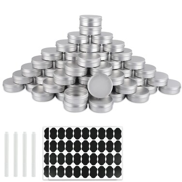 60 Pack Round Cans with Screw Lid 4 Oz Aluminum Metal Tins DIY Food Candle Containers for Lotion Bars, Balms, Salve, Spices, Beard Balm, Crafts with 4 Markers 2 Sheets Label Stickers