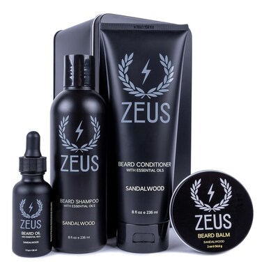 ZEUS Everyday Beard Kit with Tin Gift Box &ndash; Beard Wash Shampoo &amp; Conditioner, Natural Beard Oil, Beard Balm &amp; Tin Box (Sandalwood)