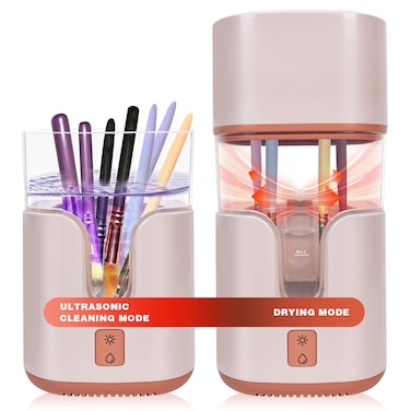 2 In 1 Electric Makeup Brush Cleaner Ultrasonic Cleaner Machine With 95℉ Hot Air Cycle Dryer - Ultra Fast Effective Make Up Brush Washer (Pink)