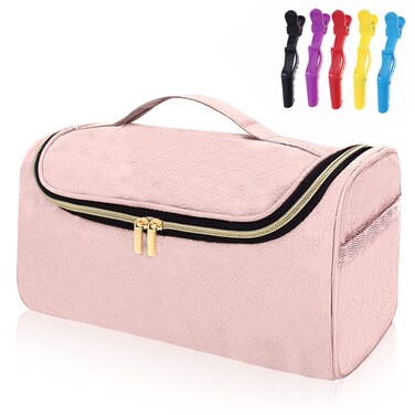 Travel Storage Bag Compatible with Dyson Airwrap Styler, Portable Travel Organizer with Clips for Airwrap Hair Styler Case and Attachments, Cosmetic Travel Cases with Hanging Hook, Pink