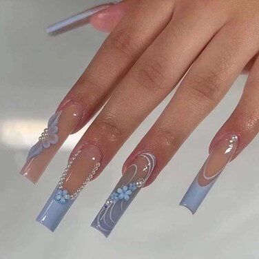 Luxury 3D Daisy Pearls Press on Nails Gradient Fake Nails French Nails Tips Full Cover Long Square False Nails for Women and Girls 24Pcs