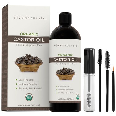 Viva Naturals Organic Castor Oil for Eyelashes and Eyebrows (16 fl oz) - USDA Certified Organic, Cold Pressed Castor Oil, Natural Hair Oil &amp; Eyelash Serum, Beauty Kit Included