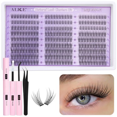 ALICE Natural Lash Clusters Kit Wispy Lash Extension Kit Thin Band Cluster Eyelash Extension Kit 270pcs C Curl 10-14mm Individual Lashes with Lash Glue Bond and Seal Self Application at Home