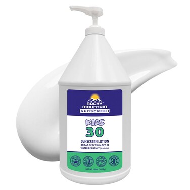 Rocky Mountain Sunscreen   KIDS SPF 30 Lotion -Broad Spectrum UVA/UVB Protection   Hawaii 104 Reef Act Compliant (Oxybenzone &amp; Octinoxate Free)   Water Resistant 80 Min.   Gallon with Pump (128 Fl Oz)