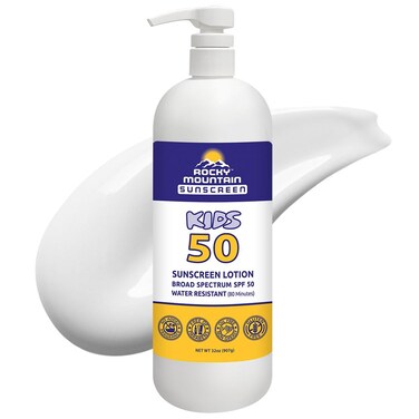 Rocky Mountain Sunscreen   SPF 50 Lotion for Kids Broad Spectrum UVA/UVB Protection   Hawaii 104 Reef Act Compliant (Oxybenzone &amp; Octinoxate Free)   Water Resistant 80 Min.  Quart With Pump (32 Fl Oz)