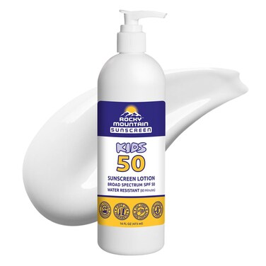KIDS Rocky Mountain Sunscreen SPF 50 LOTION   Broad Spectrum UVA/UVB Protection   Hawaii 104 Reef Act Compliant (Oxybenzone &amp; Octinoxate Free)   Water Resistant 80 Min   Fragrance Free   For Children