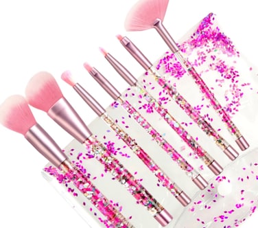 Sparkle Pink Makeup Brushes Set,Unicorn Glitter 7pc Foundation Blush Lip Nose Eyeshadow Eyebrow Loose Powder Fan Make Up Brushes Kit with Liquid for Kids Girls Teen Women Gift Present