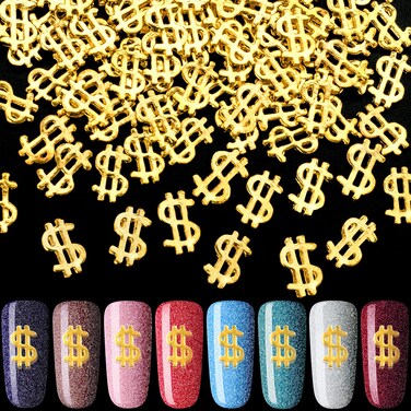 OIIKI 100PCS Dollar Sign Nail Art Accessories, Golden Dollar Shape 3D Nail Stickers, Jewels Bill Money Design Nail Art Charm, for Women Girls Ladies