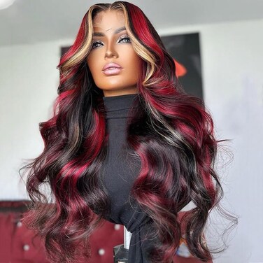 Black Red Blonde Highlight Wig Human Hair Body Wave Skunk Stripe Human Hair Wig 180% Density Blonde Red Highlights 13X4 HD Lace Front Glueless Balayage Wigs Human Hair Pre Plucked for Women 20 Inch