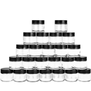 2oz Glass Jars 24 Pack, Hoa Kinh Mini Round Clear Glass Jars with Inner Liners and Black Lids, Perfect for Storing Lotions, Powders and Ointments