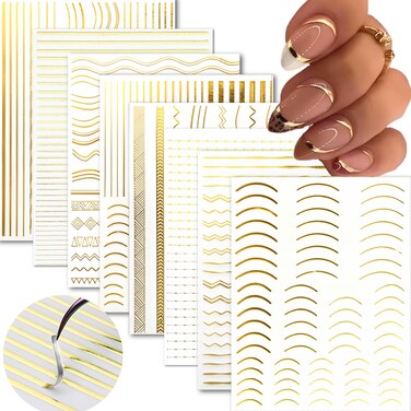 8 Sheets Gold Line Nail Stickers Decals 3D Self Adhesive Nail Decals French Nail Art Stickers for DIY Acrylic Nails Gold Wave Stripe Nail Supplies Accessories for Women and Girls