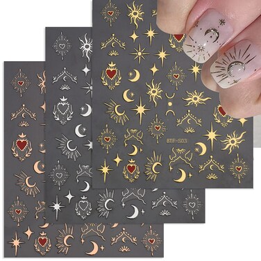 6 Sheets Gold Nail Art Stickers Bronzing Sun Heart Nail Decals 3D Self-Adhesive Sliver Moon Nail Stickers Rose Gold Starlight Star Nail Designs Sticker for Women DIY Acrylic Nail Art Supplies