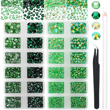 15000PCs 2-6MM Green Series Resin Flat Back Rhinestones, Round Non Hotfix Jelly &amp; Silver Bottom Resin Rhinestones Nail Gems Stones with Tweezer &amp; Picker Pen for Nail Art Tumblers &amp; DIY Crafts
