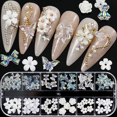 White Flower Nail Art Charms Nail Glitter Decals Decoration 3D Nail White Flower Mixed Flower Butterfly Bear Design Acrylic Nail Stud Jewelry Salon Nail Accessories Supplies for Women