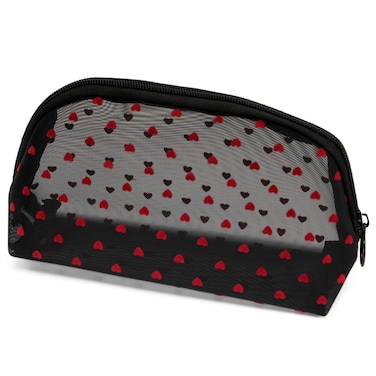 Portable Mesh Makeup Bag with Zipper Small Travel Toiletry Bag Lightweight Cosmetic Pouch (Black&amp;Red Heart Half Round)