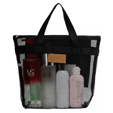 Mesh Shower Caddy Bag Portable Hanging Toiletry and Bath Organizer with Zipper for Travel, Gym, Camping, College Dorms, Beach (Black)