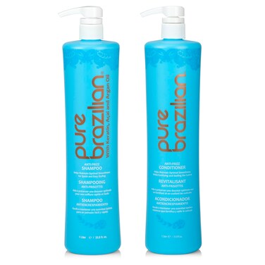Pure Brazilian Anti-Frizz Daily Shampoo &amp; Conditioner, Salt-Free &amp; Color Safe, Enriched with Keratin, Argan Oil &amp; Acai, 1 Liter (33.8 Fl Oz)