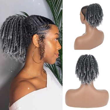 SCENTW Grey Dreadlock Ponytail Extensions for Women Drawstring Ponytail Goddess Coil Dreadlock Drawstring Clip on Ponytails Hair Extensions Fake Ponytail Hairpieces for Black Women