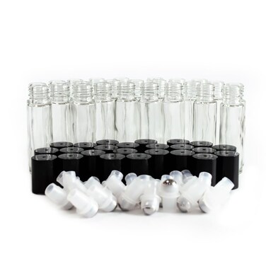 10ml Clear Glass Roll on bottles with stainless steel roller balls &amp; black caps, pack of 24 (clear)